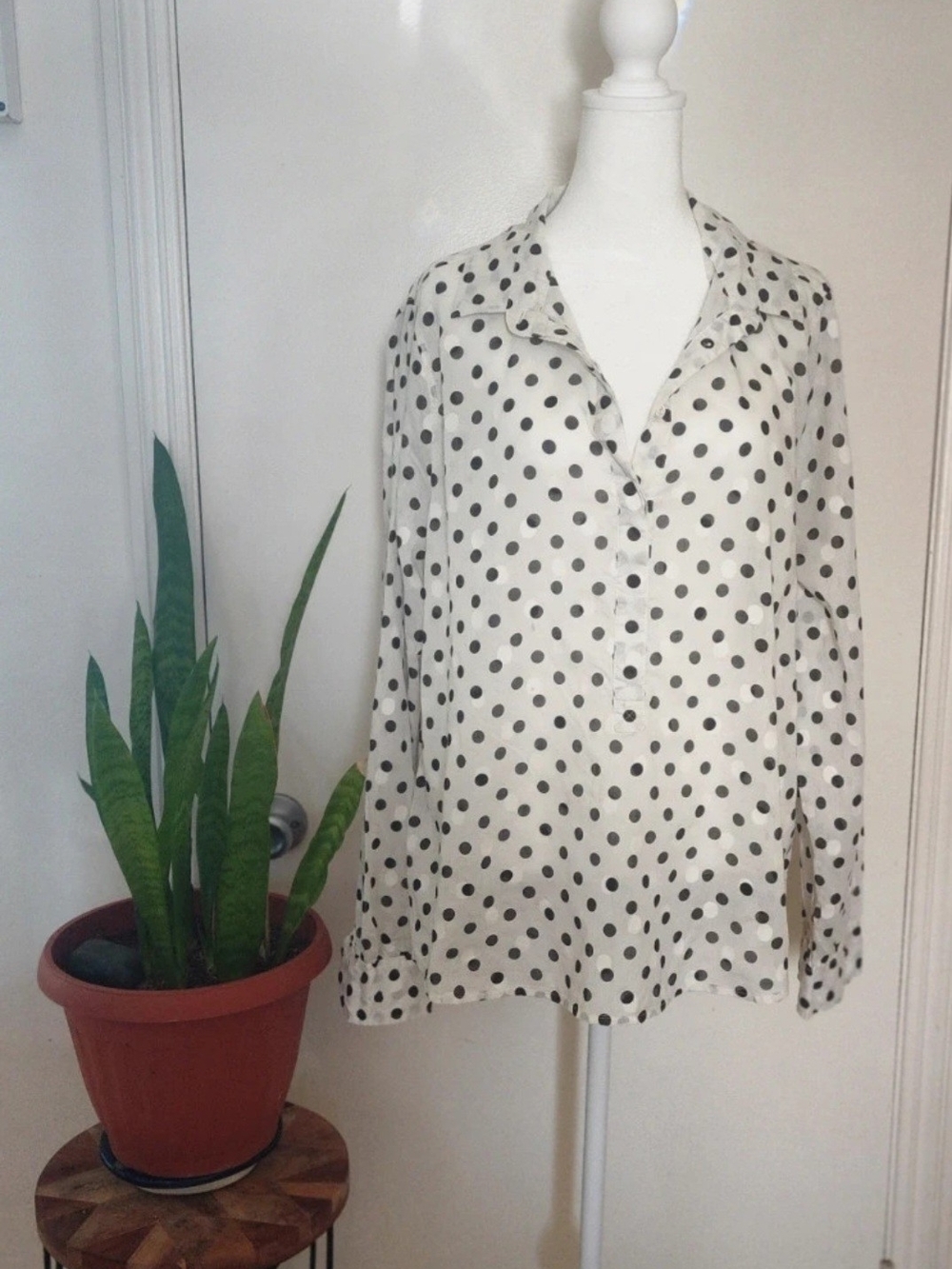 J. Crew Cream Button-Down Blouse with Black Polka Dots